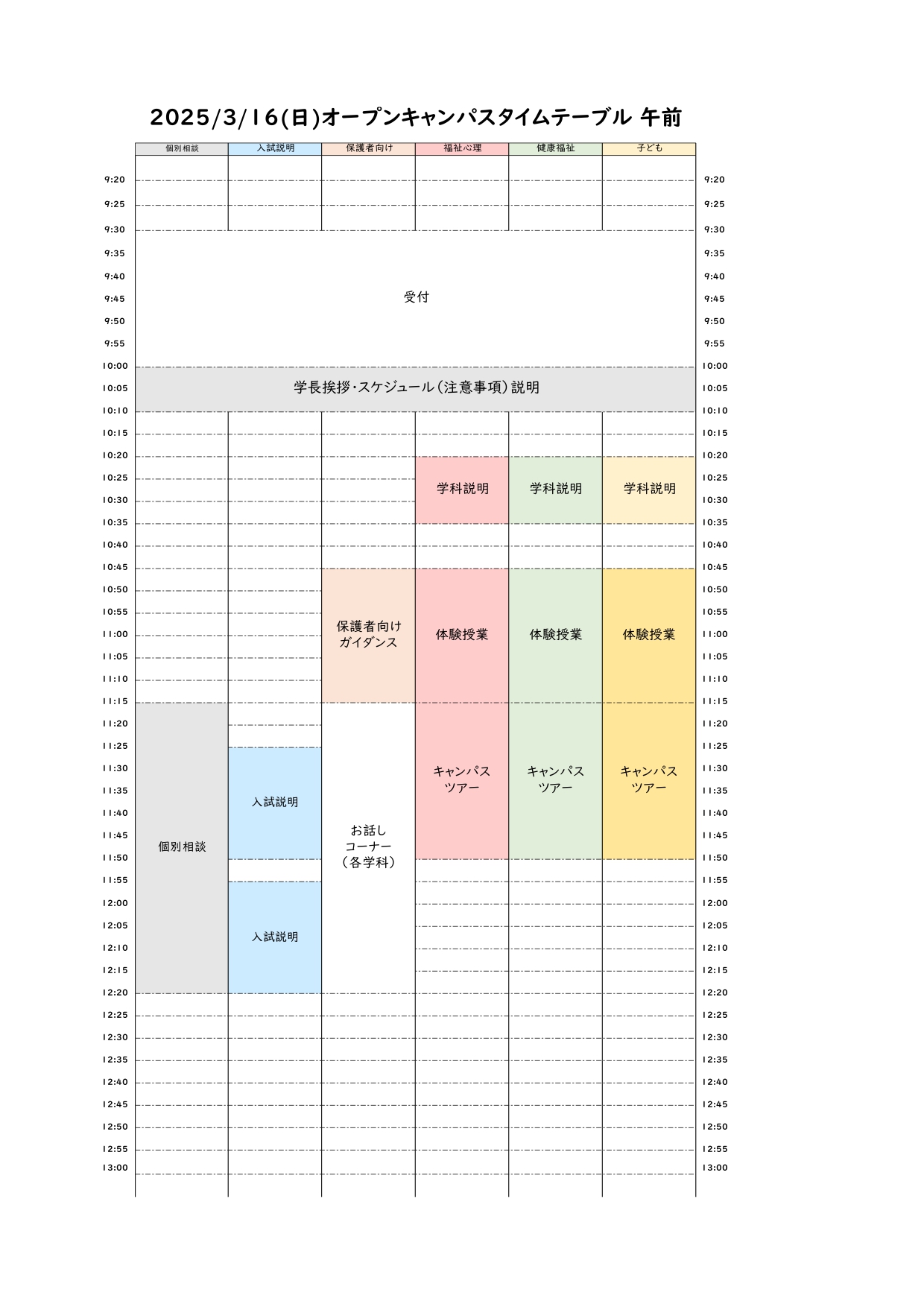 3月オープンキャンパス　タイムスケジュール