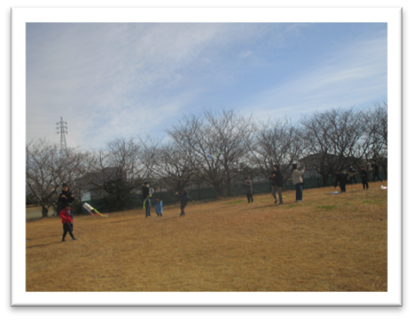 芝生で凧あげをしている様子